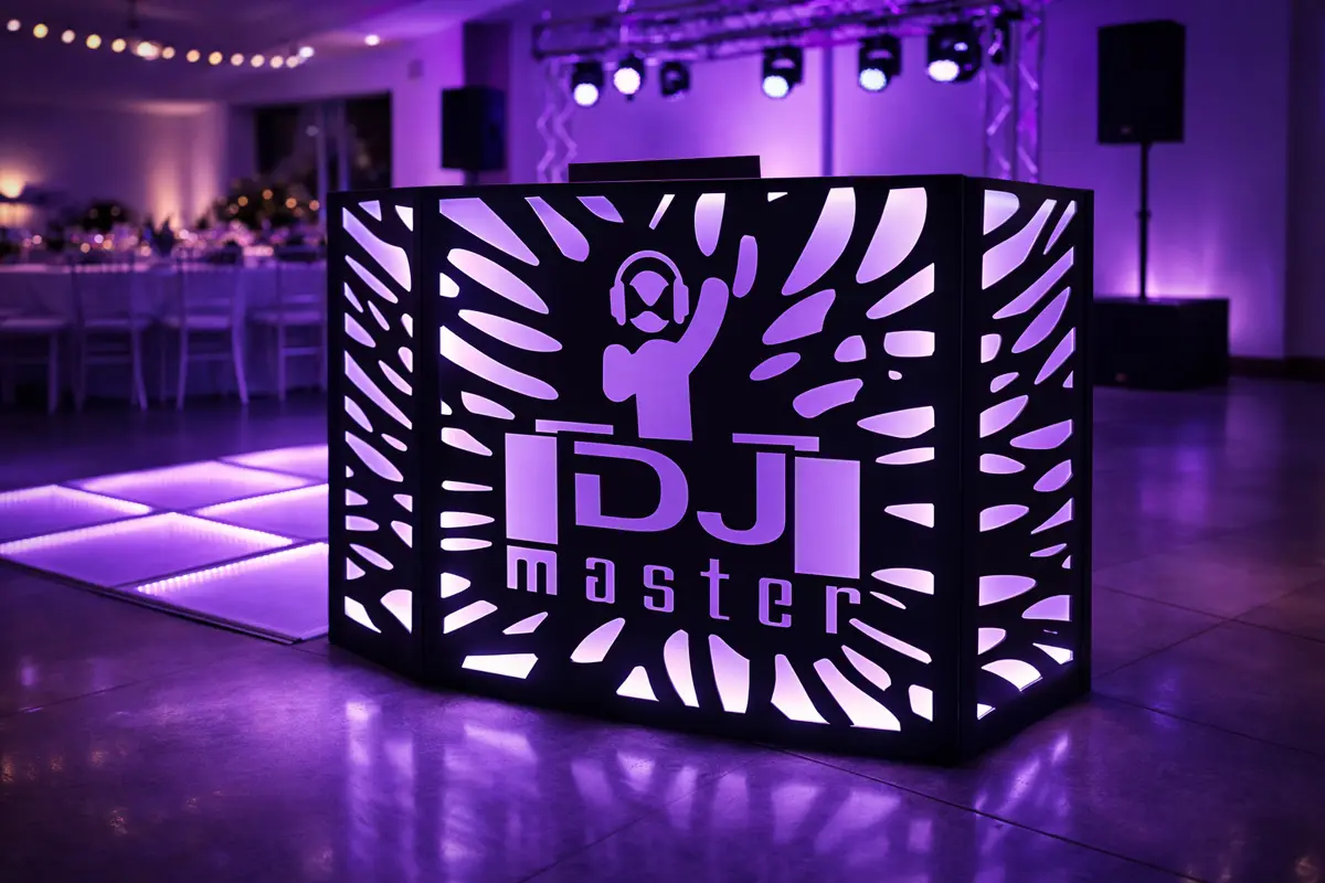Cabina DJ Máster iluminada en morado junto a la pista de LEDs en un salón